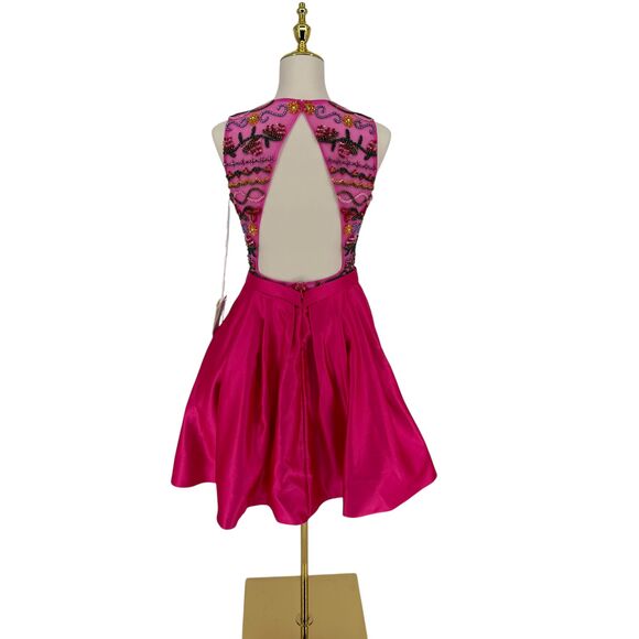 Angela & Alison Beaded Dress Pink Satin 10 Short Formal A-Line Pocket Open Back - Picture 11 of 16